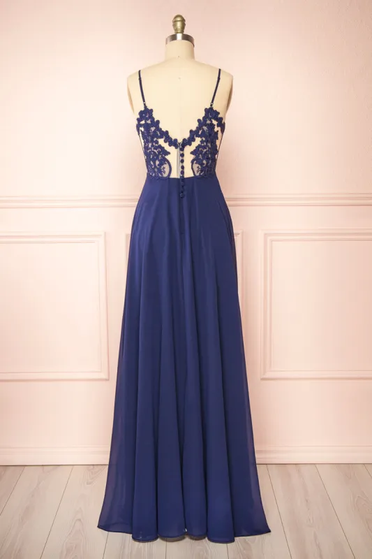 Peggie Navy | Chiffon Maxi Dress w/ Back Embroidery sold by Boutique 1861