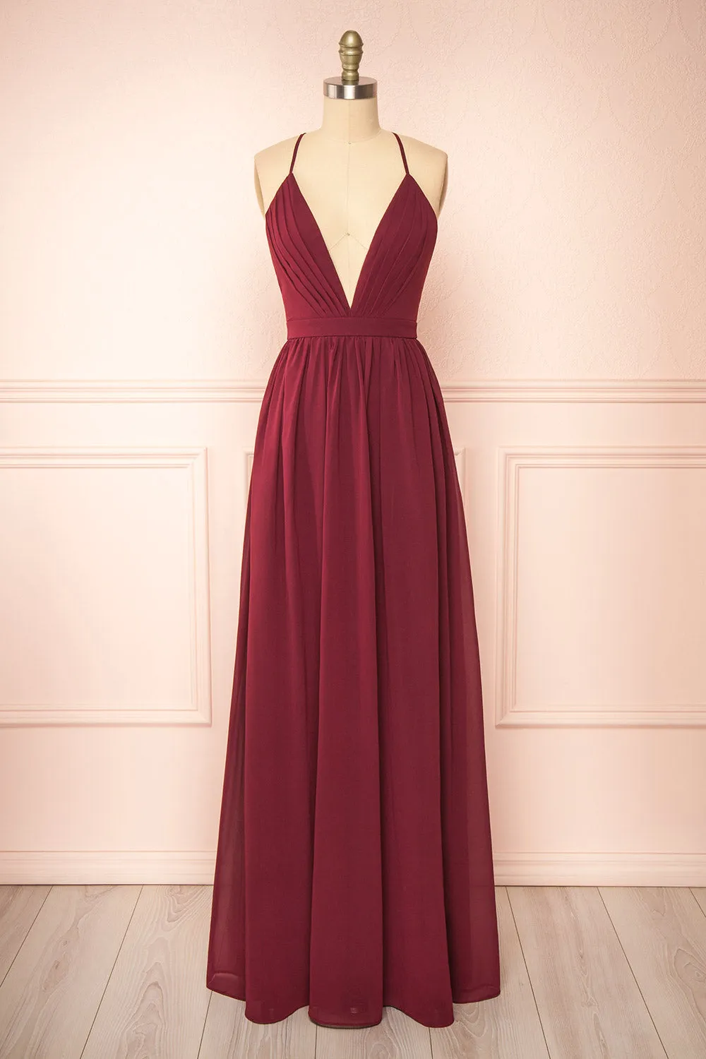Haley Burgundy | Deep V-Neck Chiffon Maxi Dress sold by Boutique 1861