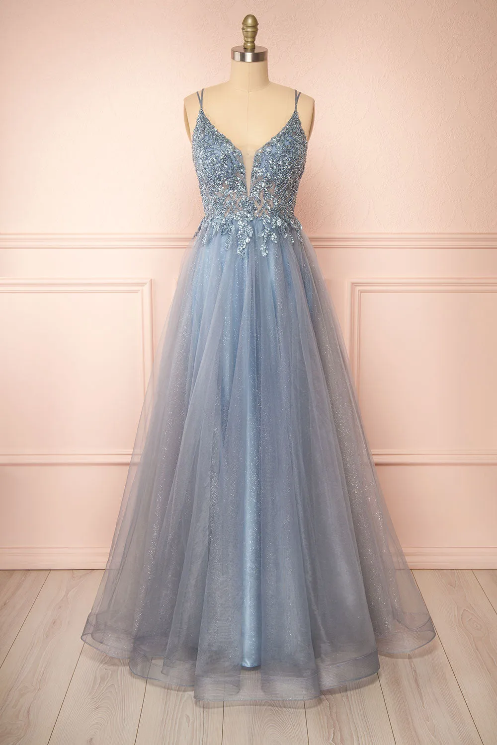 Aethera Blue Grey | Sparkling Beaded A-Line Maxi Dress sold by Boutique 1861