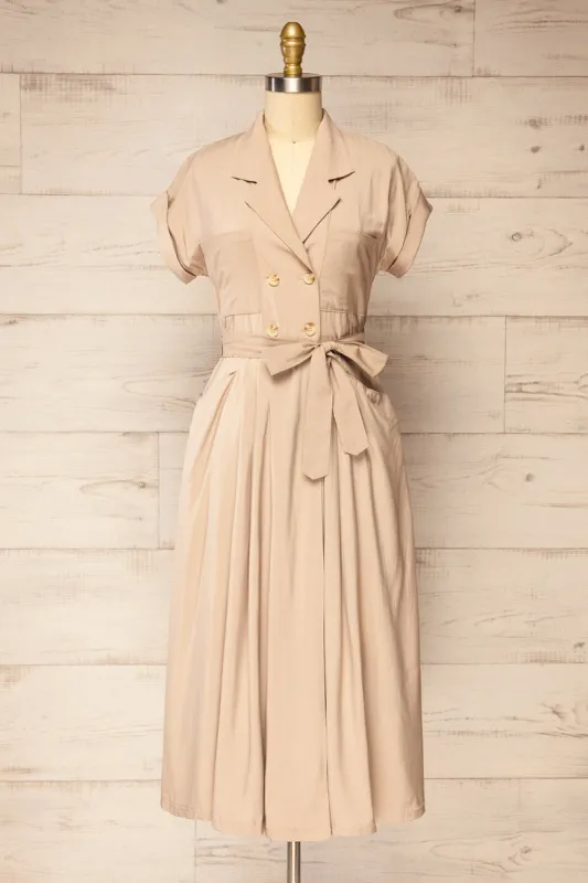 Waverly Beige | Double-Breasted Dress w/ Tie Belt sold by Boutique 1861