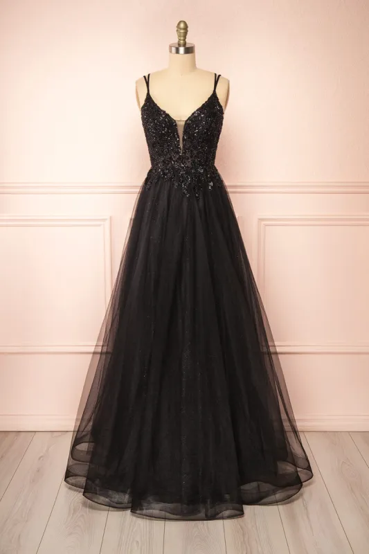 Aethera Black | Sparkling Beaded A-Line Maxi Dress sold by Boutique 1861