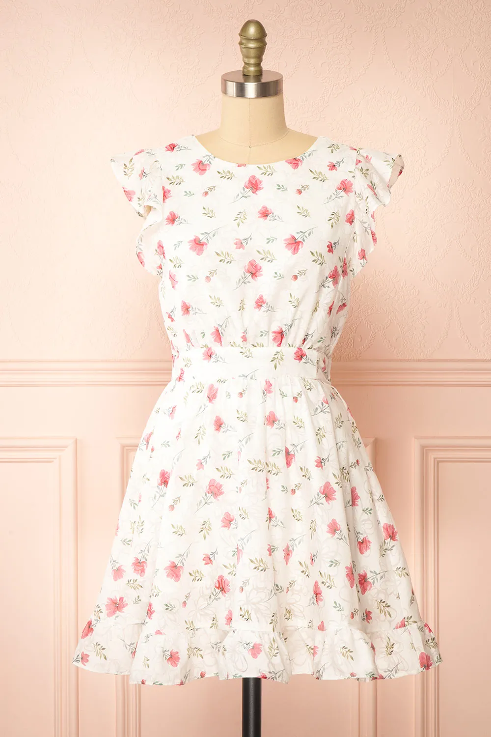 Prunne | Short White Floral Dress w/ Open Back sold by Boutique 1861