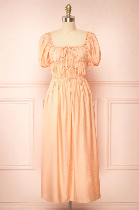 Imna Peach | A-Line Midi Dress w/ Puffy Sleeves sold by Boutique 1861