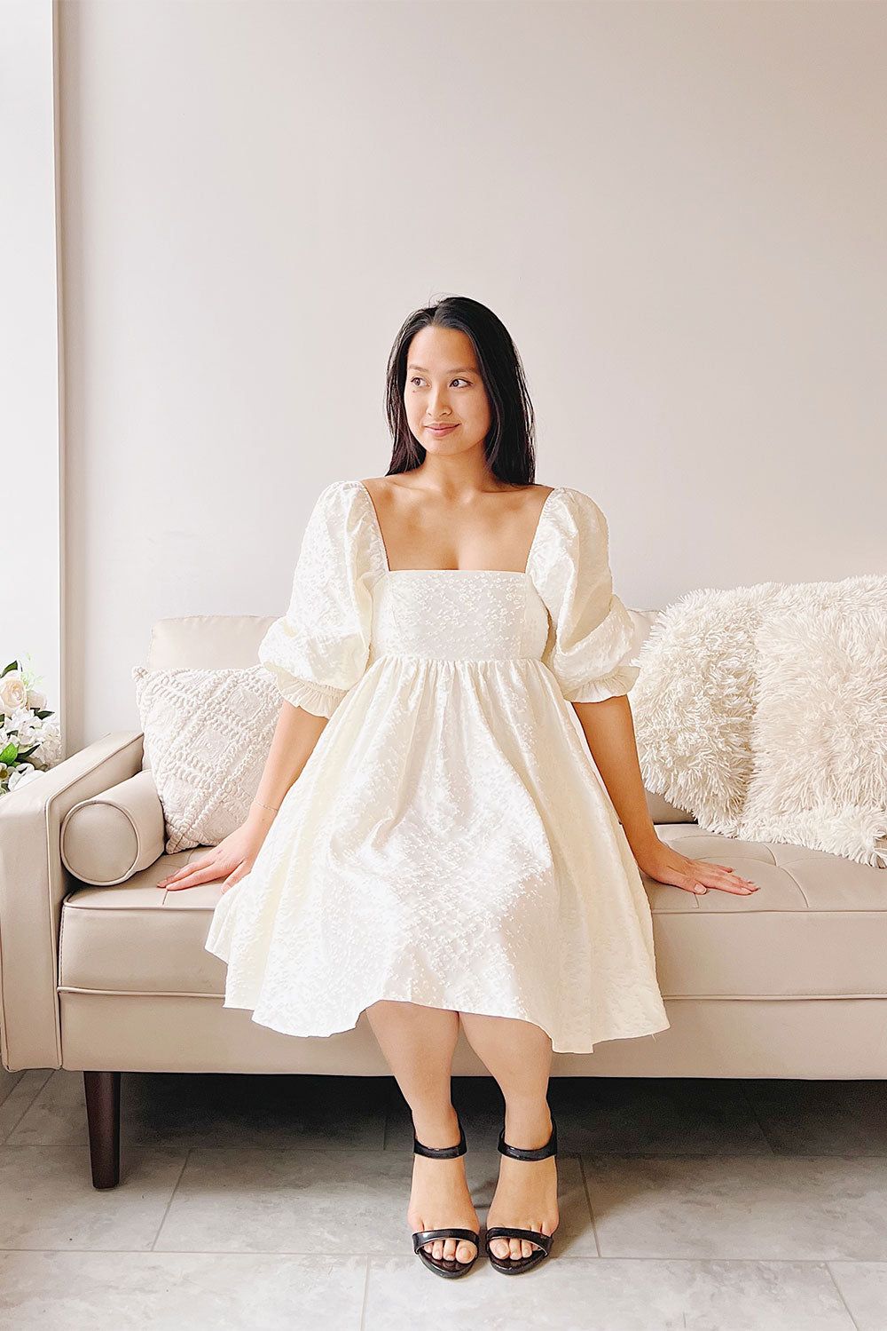 Betie | Ivory Satin Embroidered Babydoll Dress sold by Boutique 1861 product image thumbnail 2