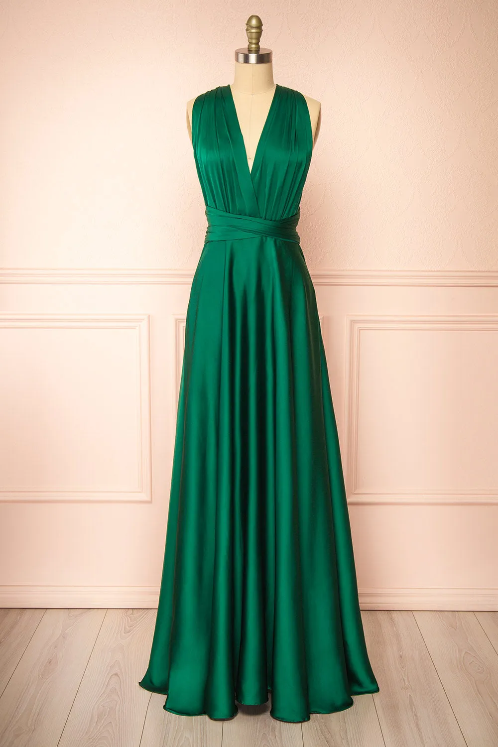 Yayabei | Green Satin Convertible Maxi Dress sold by Boutique 1861