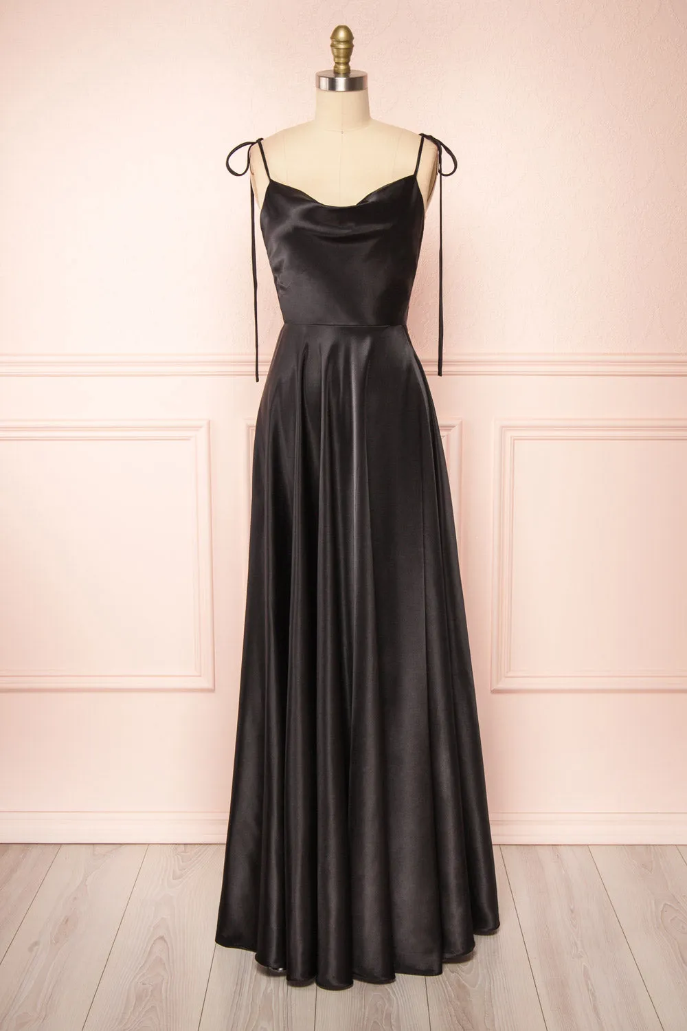 Moira Black | Cowl Neck Satin Maxi Dress w/ High Slit sold by Boutique 1861
