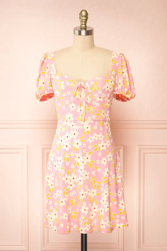 Olga | Short Pink Floral Dress w/ Puffy Sleeves sold by Boutique 1861