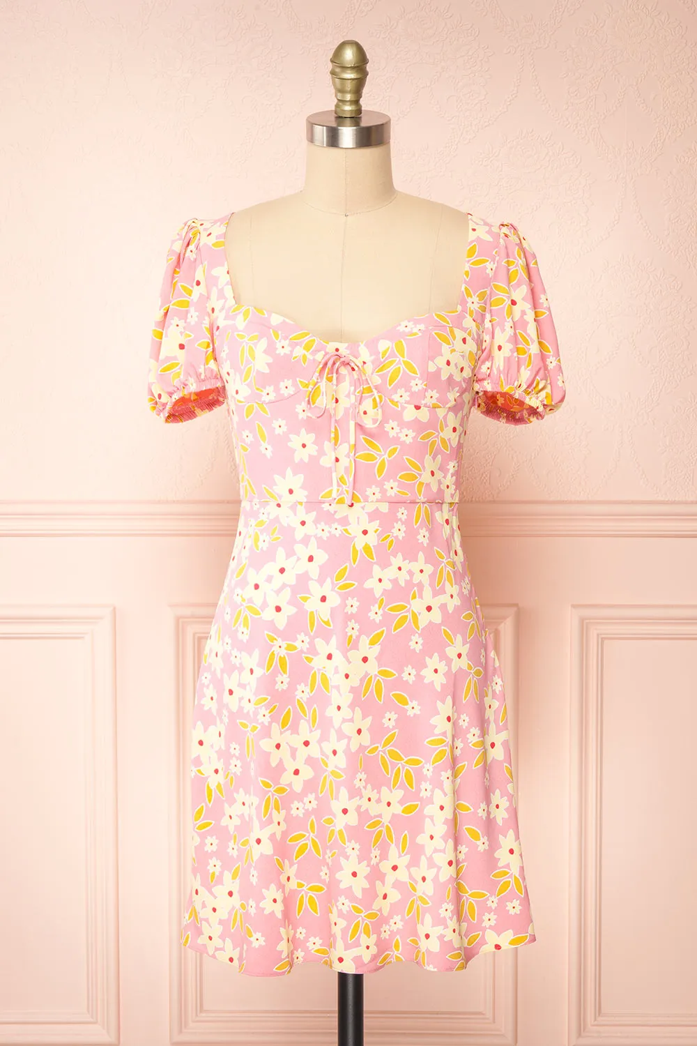 Olga | Short Pink Floral Dress w/ Puffy Sleeves sold by Boutique 1861