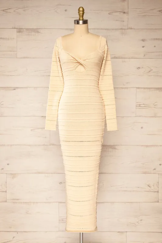 Bangui | Beige Knit Openwork Midi Dress sold by Boutique 1861