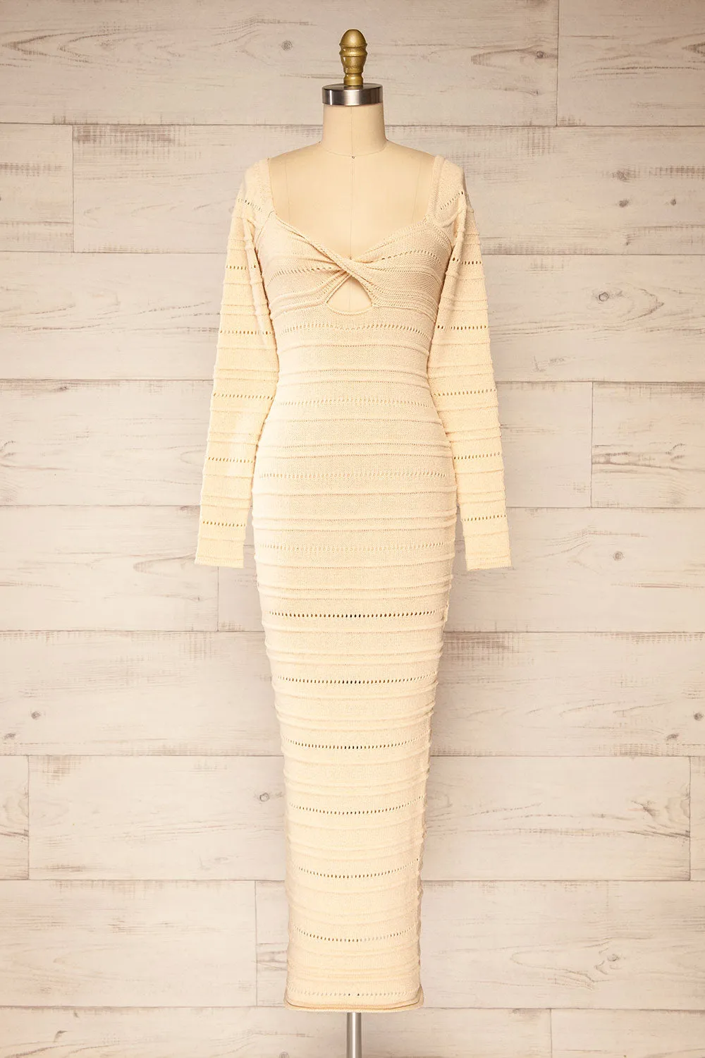 Bangui | Beige Knit Openwork Midi Dress sold by Boutique 1861