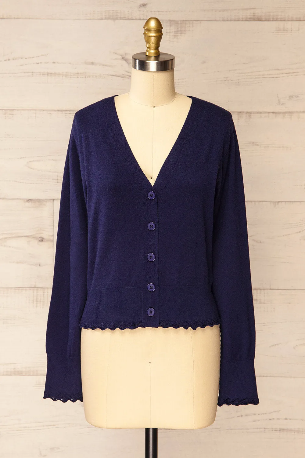 Fortingal | Navy Blue Cardigan w/ Scalloped Hem sold by Boutique 1861