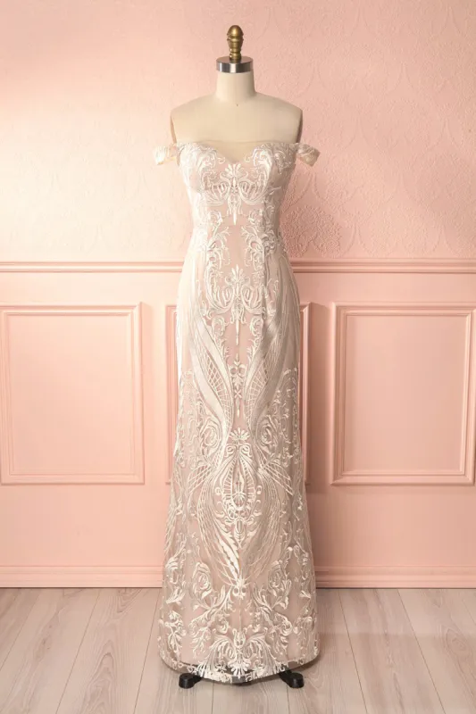 Mouna Pure | Beige Embroidered Gown sold by Boutique 1861
