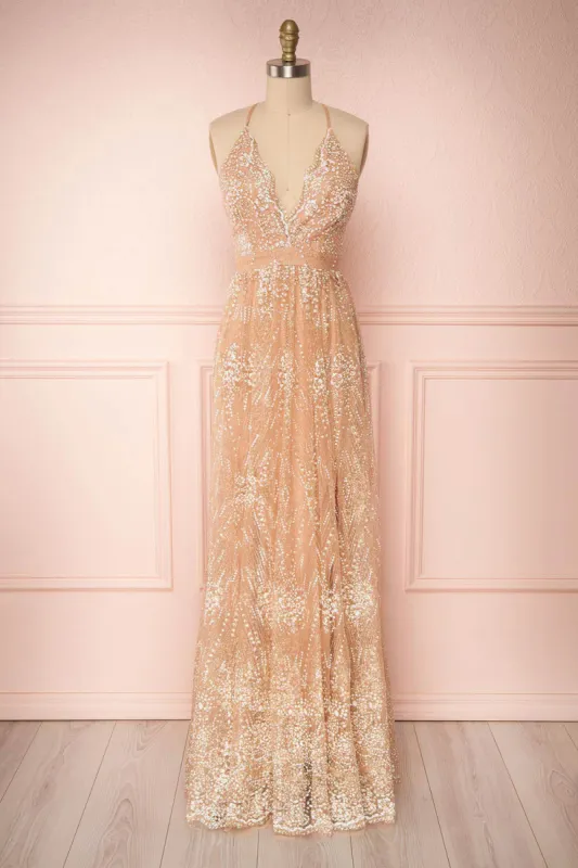Sharidan Rosegold | Glitter Mesh Maxi Dress sold by Boutique 1861