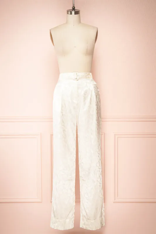 Ludita | Ivory Satin Floral Print Pants w/ Belt sold by Boutique 1861