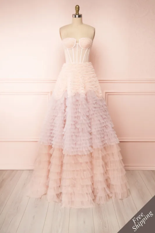 Asako Blush | Bustier Layered Tulle Maxi Dress sold by Boutique 1861