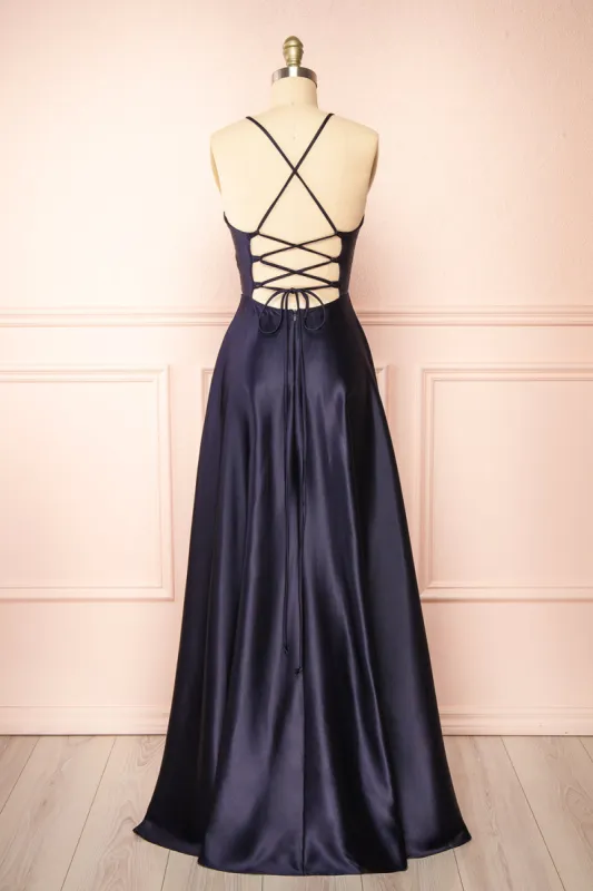 Julia Navy | Satin Maxi Dress w/ High Slit sold by Boutique 1861