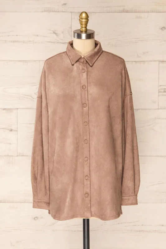 Barriot Taupe | Faux Suede Button-Up Shirt sold by Boutique 1861