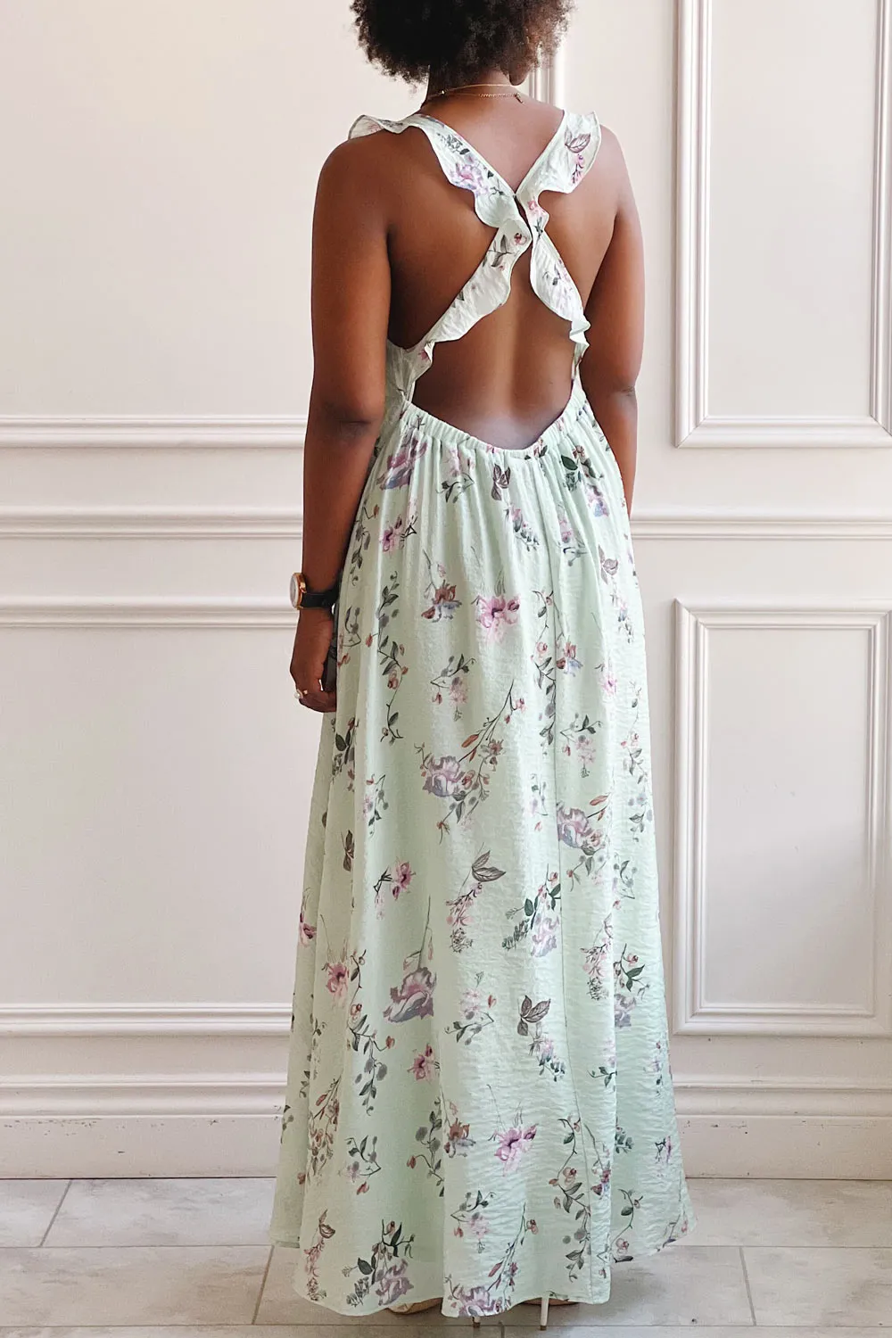 Queenie Beige | Floral Maxi Dress w/ Ruffled Straps sold by Boutique 1861 product image thumbnail 2