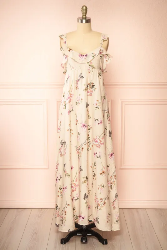 Queenie Beige | Floral Maxi Dress w/ Ruffled Straps sold by Boutique 1861