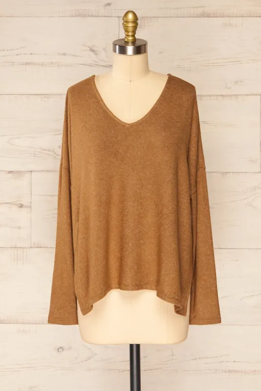 Ancone Camel | Long Sleeve V-Neck Top sold by Boutique 1861