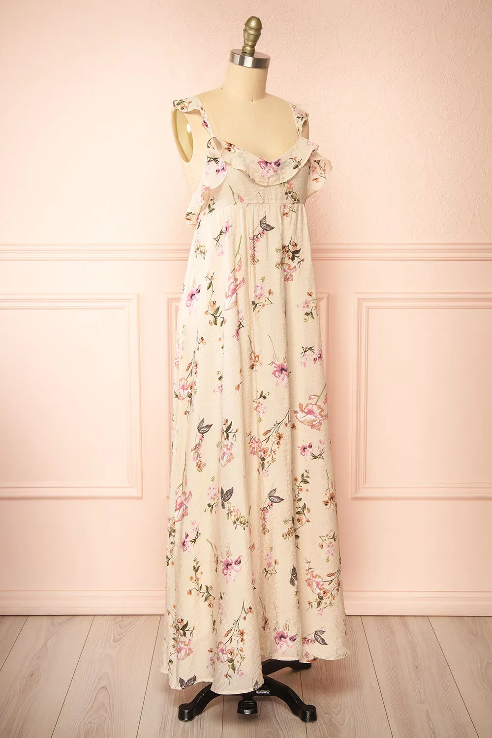 Queenie Beige | Floral Maxi Dress w/ Ruffled Straps sold by Boutique 1861 product image thumbnail 4