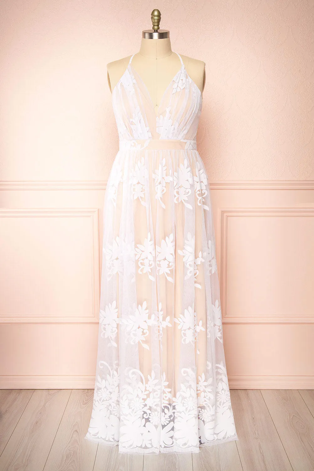 Hyade Beige | Plus Size Floral V-Neck Maxi Dress sold by Boutique 1861