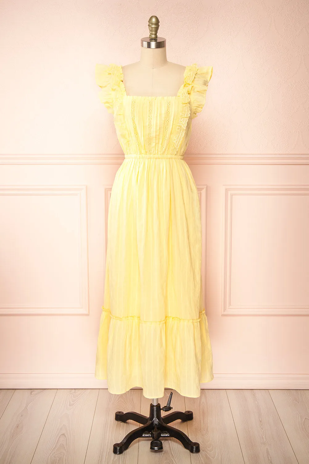 Leonora Yellow | Midi Dress w/ Ruffles & Lace sold by Boutique 1861