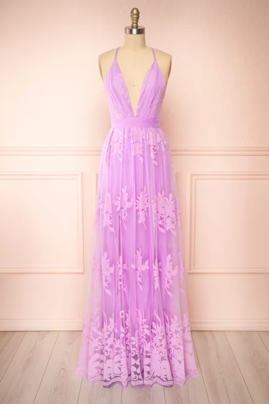 Kailania Lavender | Plunging Neckline Mesh Maxi Gown sold by Boutique 1861