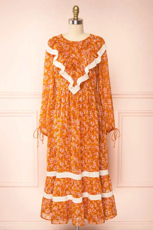 Normandine | Floral Midi Dress w/ Long Sleeves and Lace sold by Boutique 1861