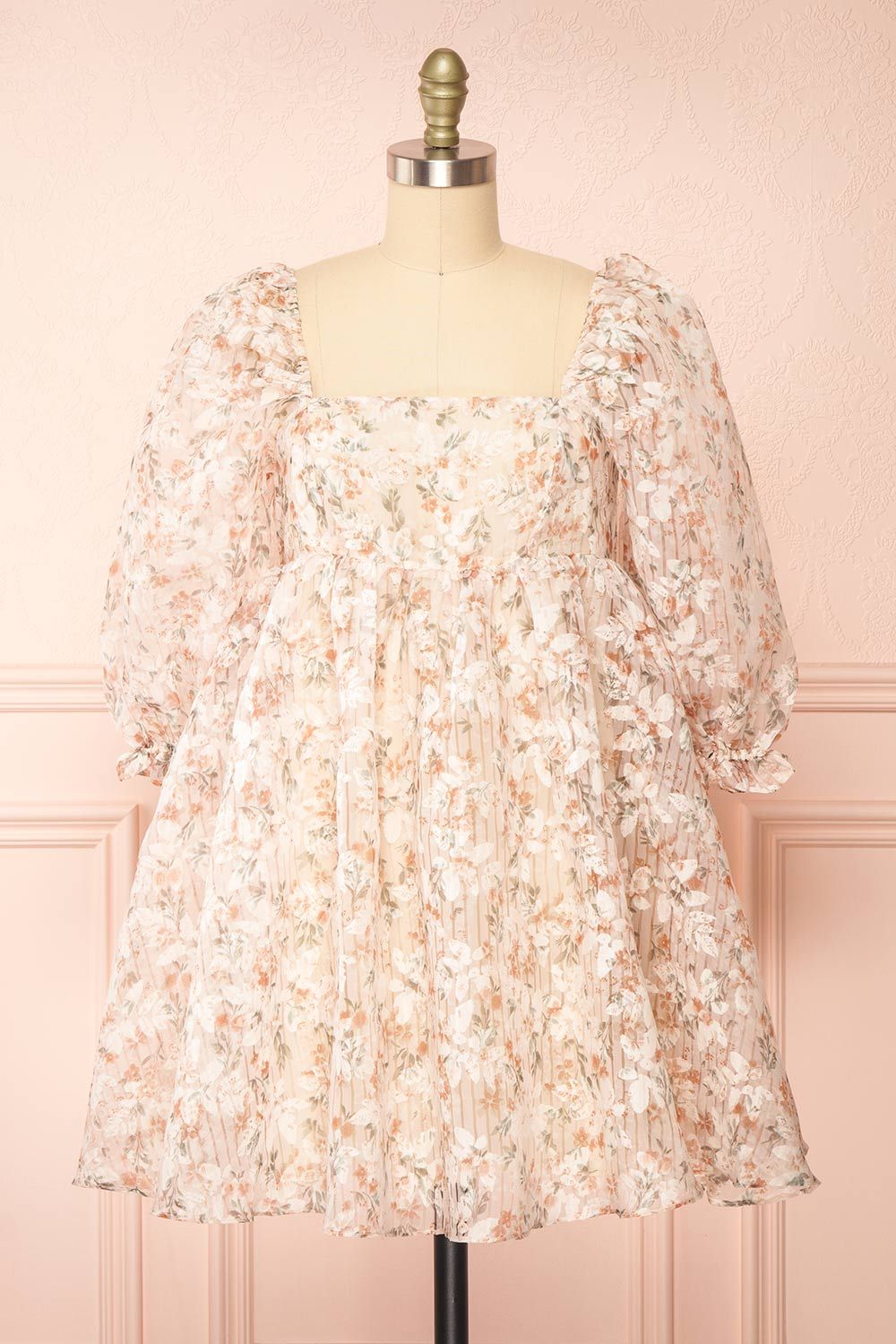 Nicky | Short Floral Beige Babydoll Dress sold by Boutique 1861