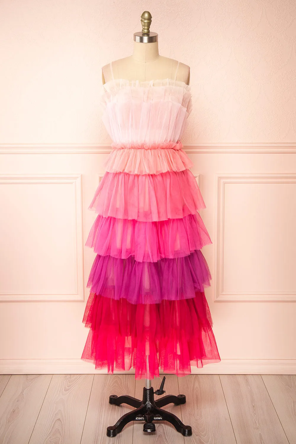 Audee | Pink Layered Tulle Midi Dress sold by Boutique 1861