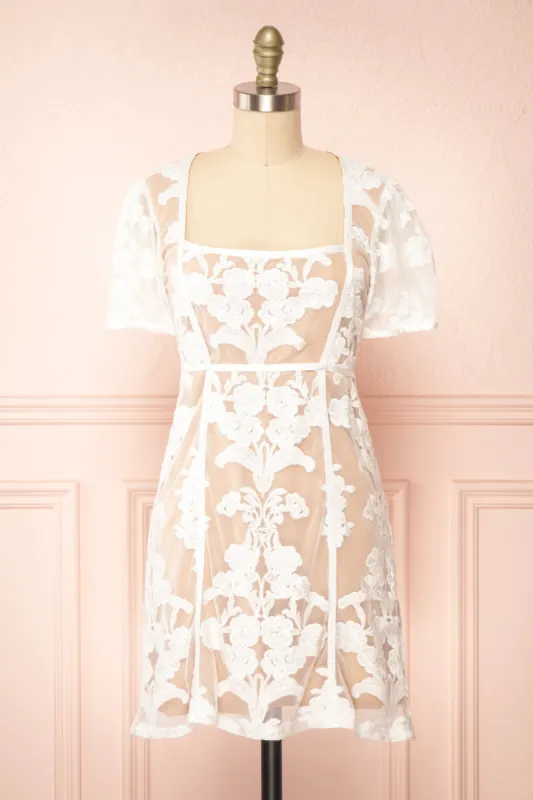 Hansa | Short White Mesh Dress w/ Floral Embroidery sold by Boutique 1861