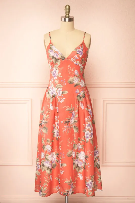 Lorelai | Long Orange Floral Dress sold by Boutique 1861