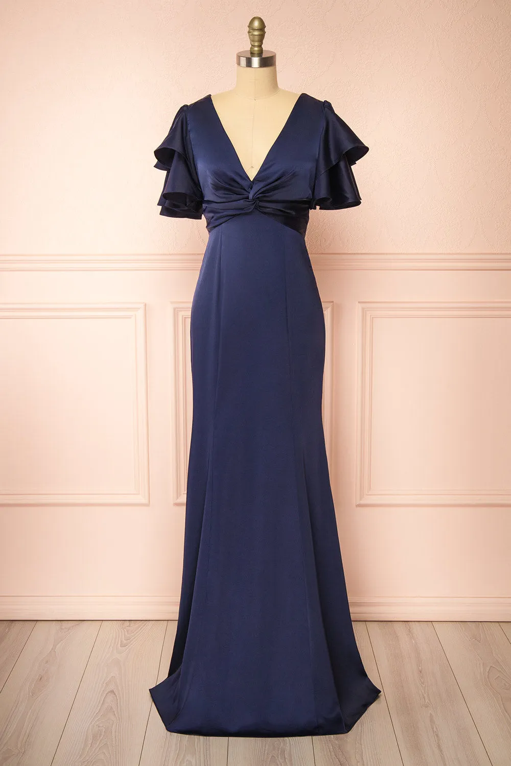 Kyana | V-Neck Navy Satin Maxi Dress sold by Boutique 1861