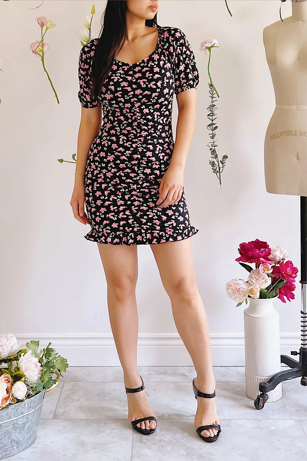 Darva Black | Floral Ruched Short Dress sold by Boutique 1861 product image thumbnail 2
