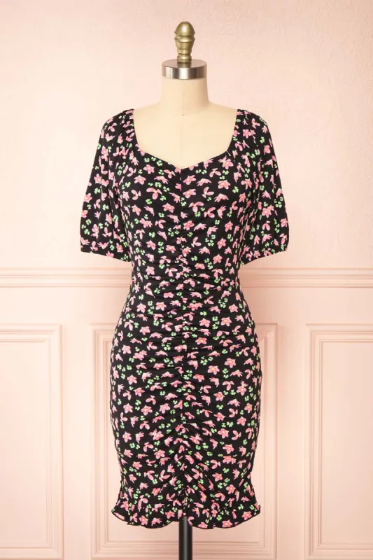 Darva Black | Floral Ruched Short Dress sold by Boutique 1861