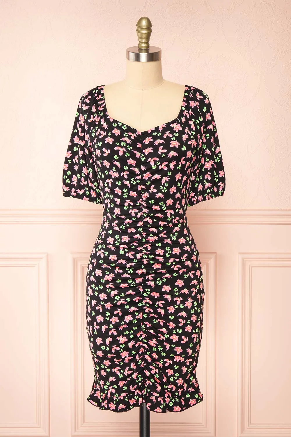 Darva Black | Floral Ruched Short Dress sold by Boutique 1861