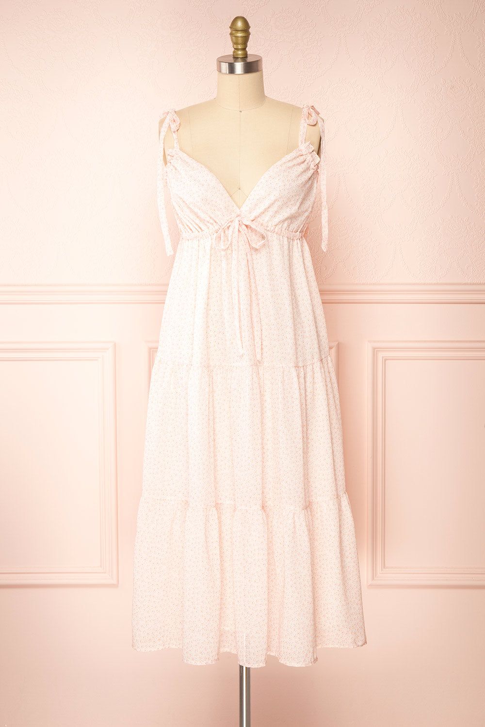 Demelza | Pink Tiered Midi Dress w/ Tied Straps sold by Boutique 1861