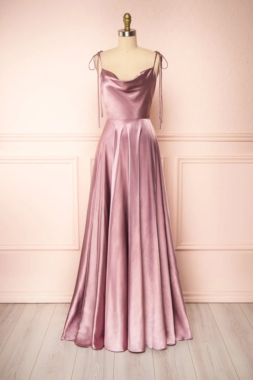Moira Mauve | Cowl Neck Satin Maxi Dress w/ High Slit sold by Boutique 1861