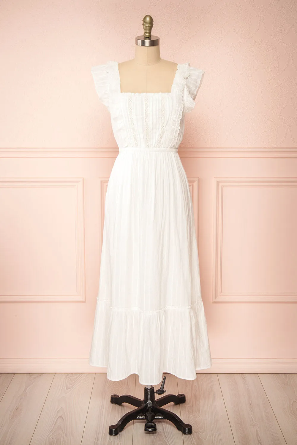 Leonora Ivory | Midi Dress w/ Ruffles & Lace sold by Boutique 1861