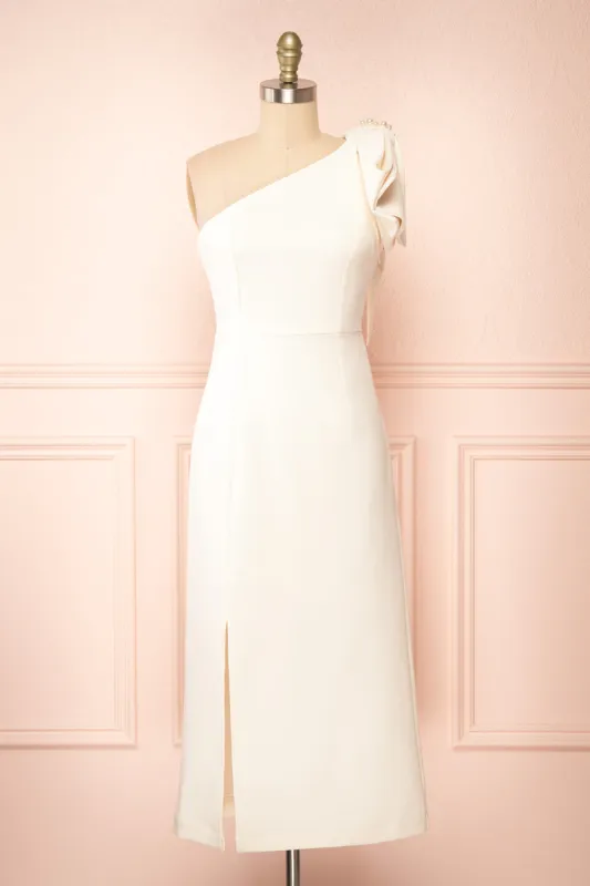 Liliana | One Shoulder Ivory Midi Dress w/ Bow sold by Boutique 1861