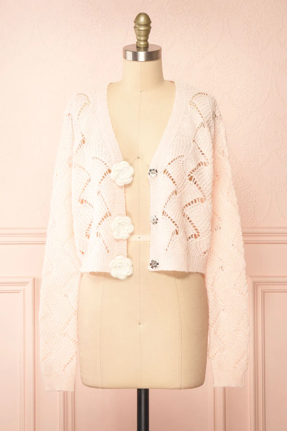 Cupidona | Pink Open-work Crochet Cardigan w/ Flowers sold by Boutique 1861 product image thumbnail 3