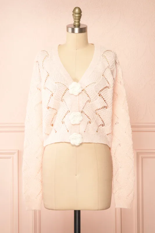 Cupidona | Pink Open-work Crochet Cardigan w/ Flowers sold by Boutique 1861