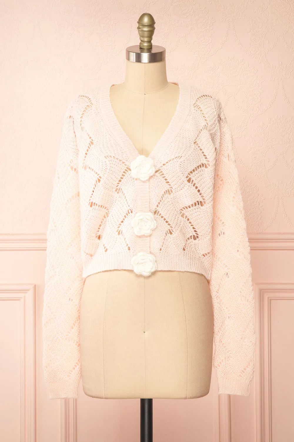 Cupidona | Pink Open-work Crochet Cardigan w/ Flowers sold by Boutique 1861
