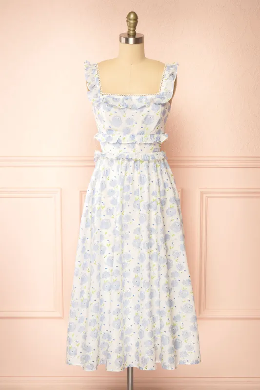 Aisha | Long White Dress w/ Blue Floral Pattern made by Boutique 1861