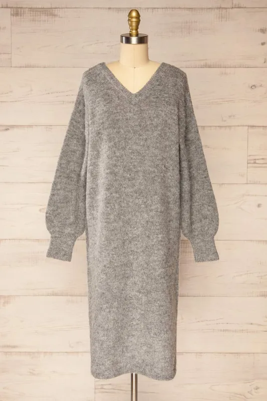 Lucienne | Grey Midi Fuzzy Knit Dress sold by Boutique 1861