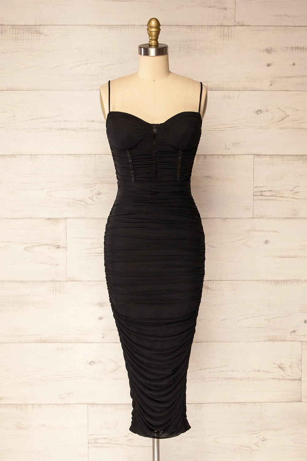 Venise Black | Fitted Ruched Midi Dress w/ Bustier Bodice sold by Boutique 1861