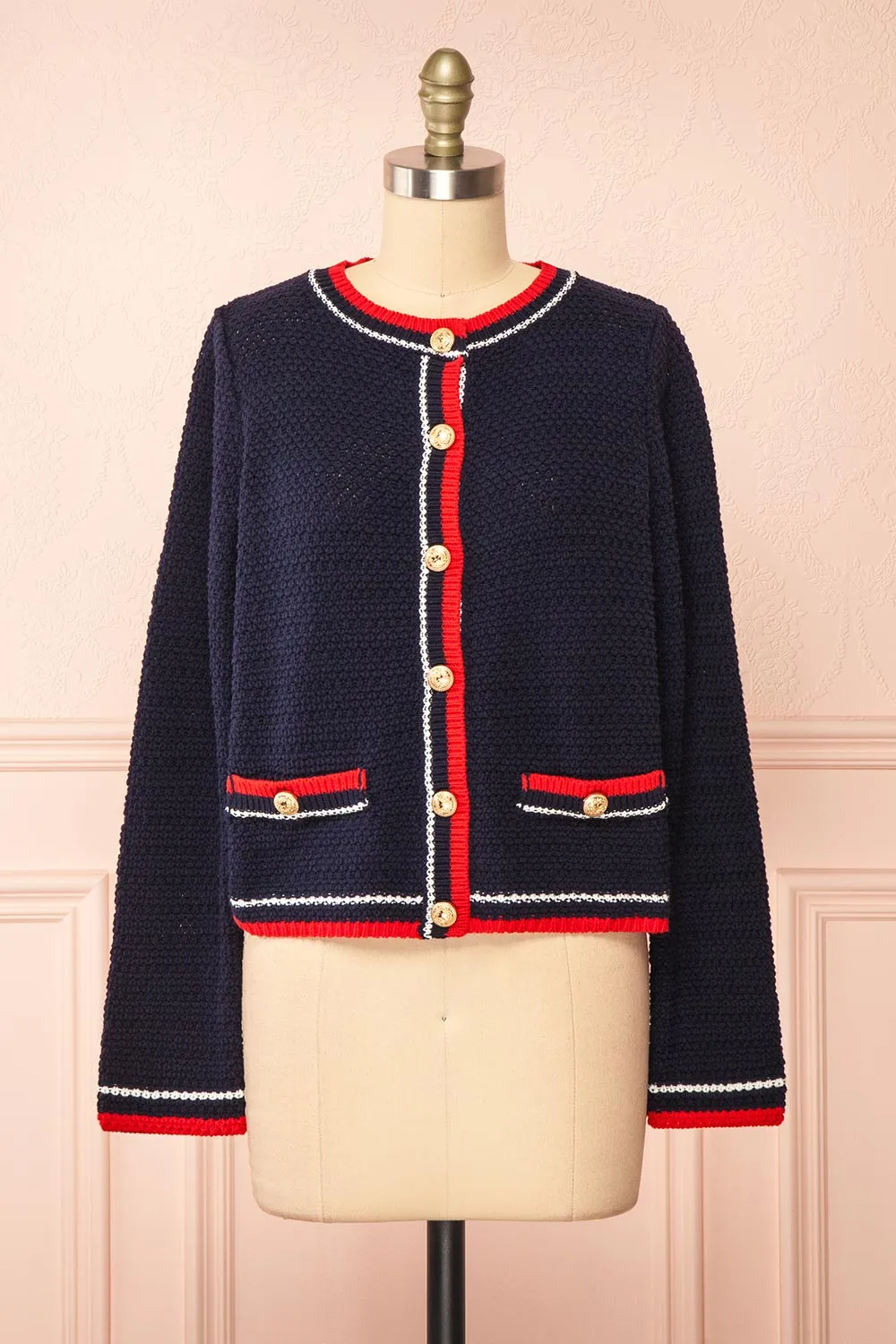 Narvella | Navy Knit Cardigan w/ Golden Buttons sold by Boutique 1861