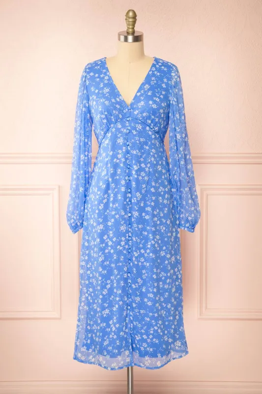 Natasha | Long-Sleeved Floral Blue Midi Dress sold by Boutique 1861