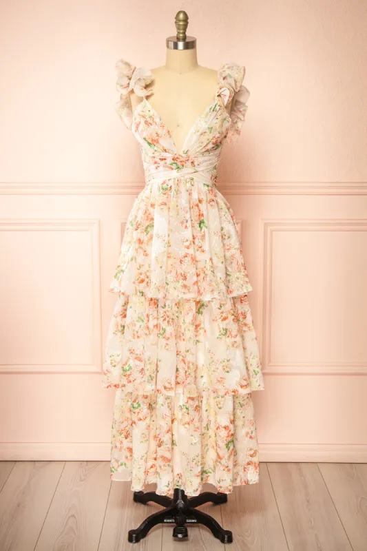 Melantha | Long Beige Floral Dress w/ Ruffled Straps sold by Boutique 1861